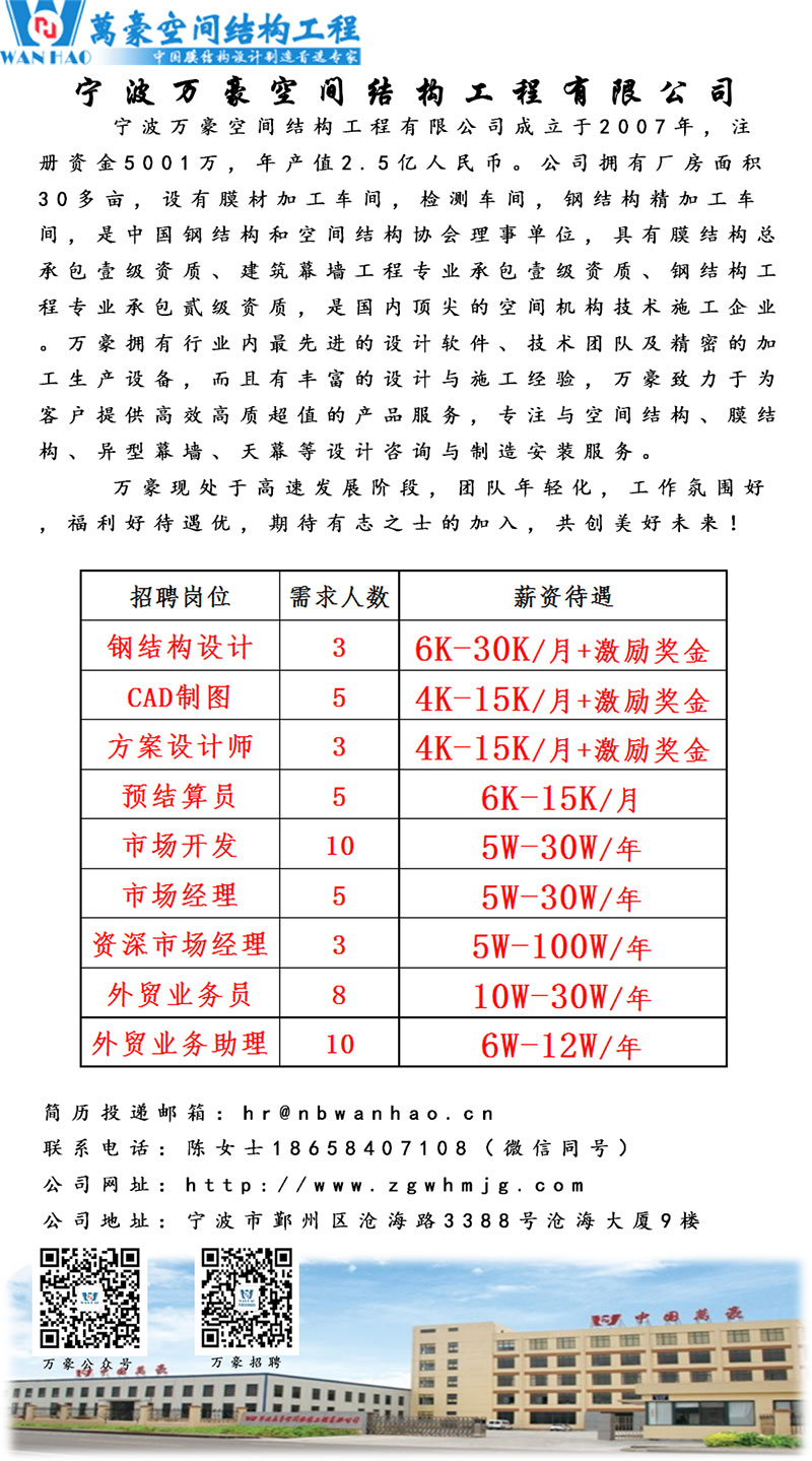 寧波萬(wàn)豪空間結(jié)構(gòu)工程有限公司招聘啦！